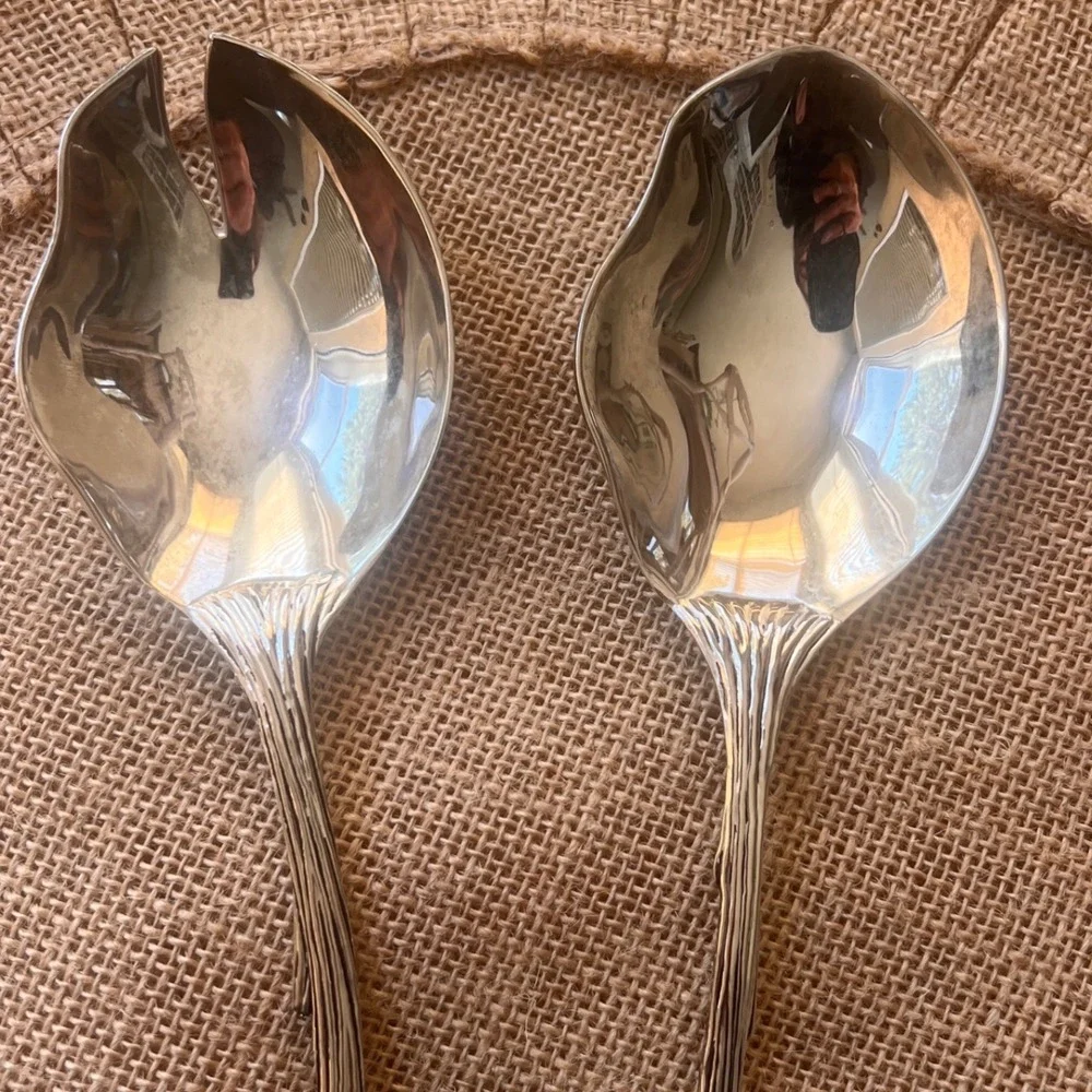 Silea Silver Plated Ginkgo Leaf Salad Servers Set 2 Piece Botanical Design